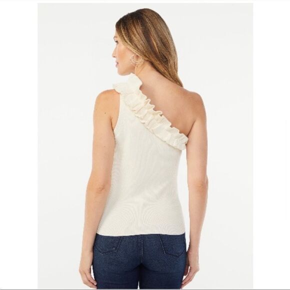Womens Sofia Vergara One Shoulder Ruffled Knit Tank Top Shirt Size S, M, XL - Picture 2 of 3